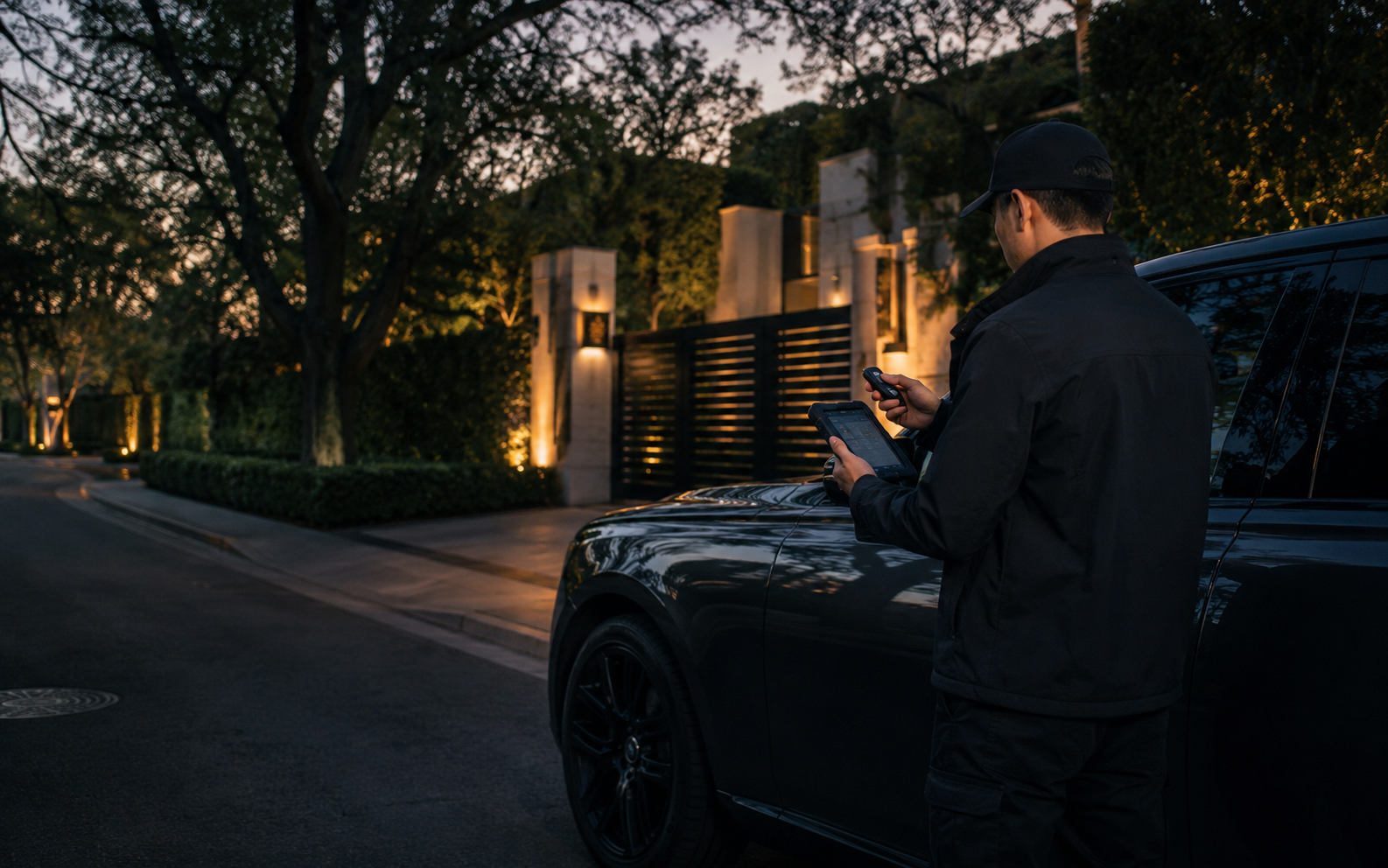 Decorative image of a locksmith preparing vehicle key equipment near a gated residence