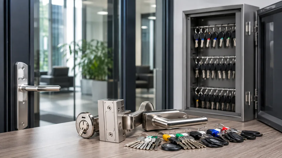 Editorial image of commercial door hardware and organized key control for Atherton business access planning