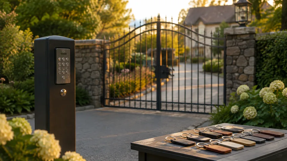 Editorial image of a residential driveway gate keypad and organized keys for estate entry planning