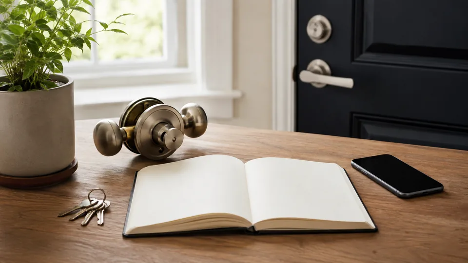 Editorial image of a blank notebook, keys, phone, and door hardware for locksmith learning resources
