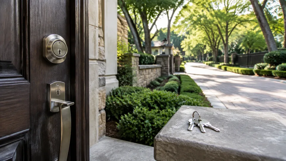 Editorial image of an Atherton residential entry, door lock, and house keys for general locksmith guidance