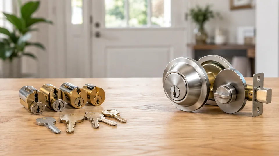 Editorial image comparing rekey cylinders with replacement deadbolt hardware