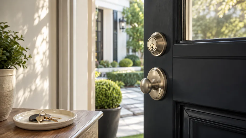 Editorial image of residential front door deadbolt hardware and house keys for Atherton home locksmith planning