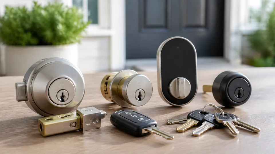 Editorial image of home, vehicle, and smart lock hardware for Atherton locksmith service options