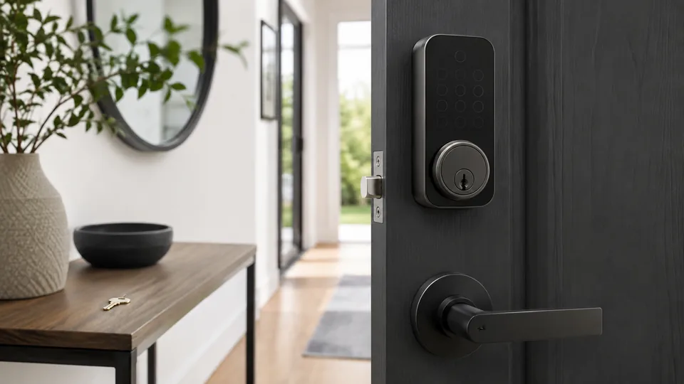 Editorial image of a smart lock keypad and backup key for Atherton smart lock planning