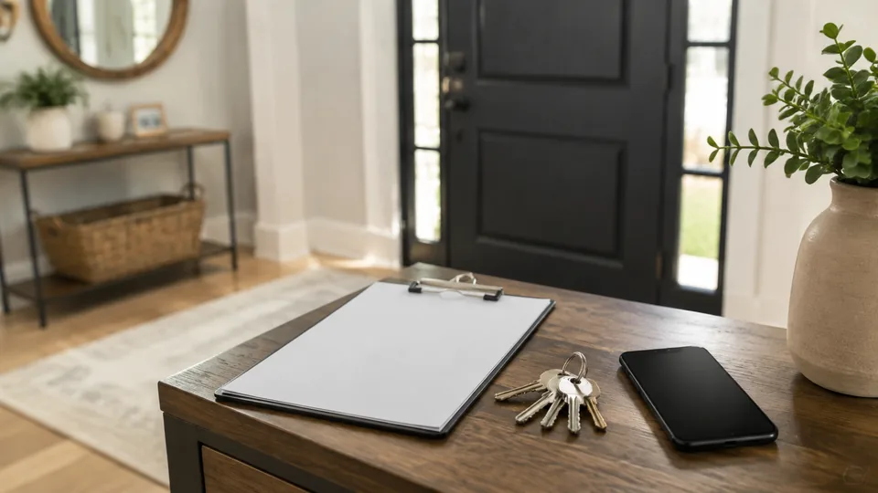 Editorial image of blank authorization notes, keys, and a phone for verifying locksmith work