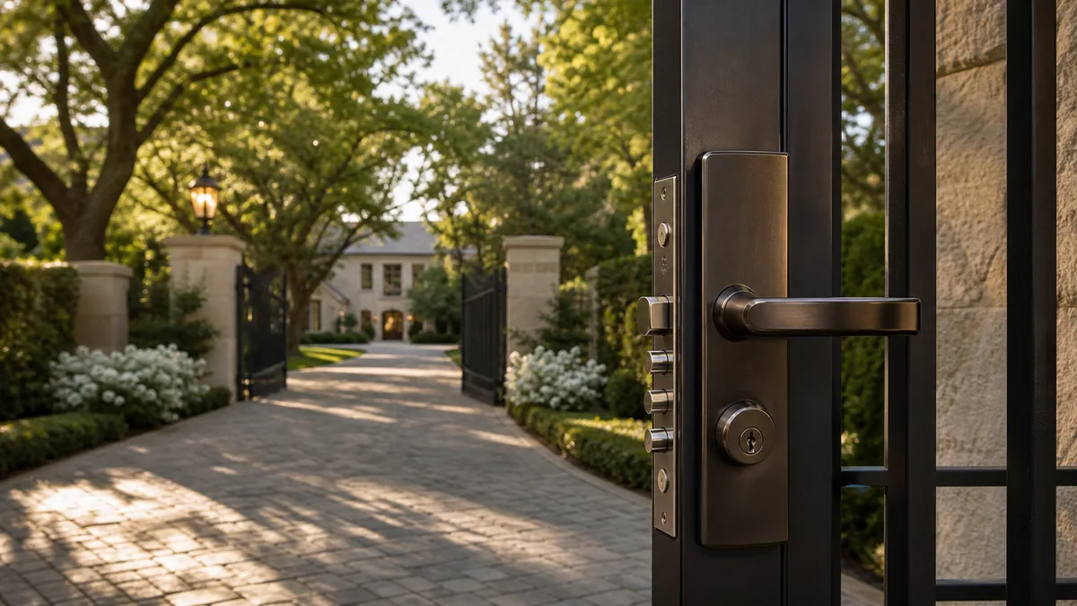 Atherton estate entrance with secured gate hardware and a residential driveway