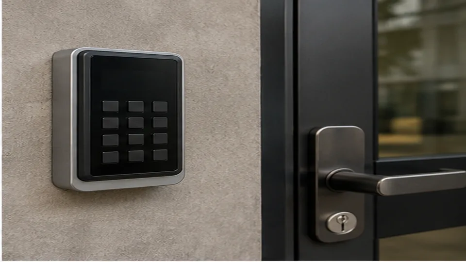Editorial image of business door hardware and organized keys for keyless entry systems planning in Atherton