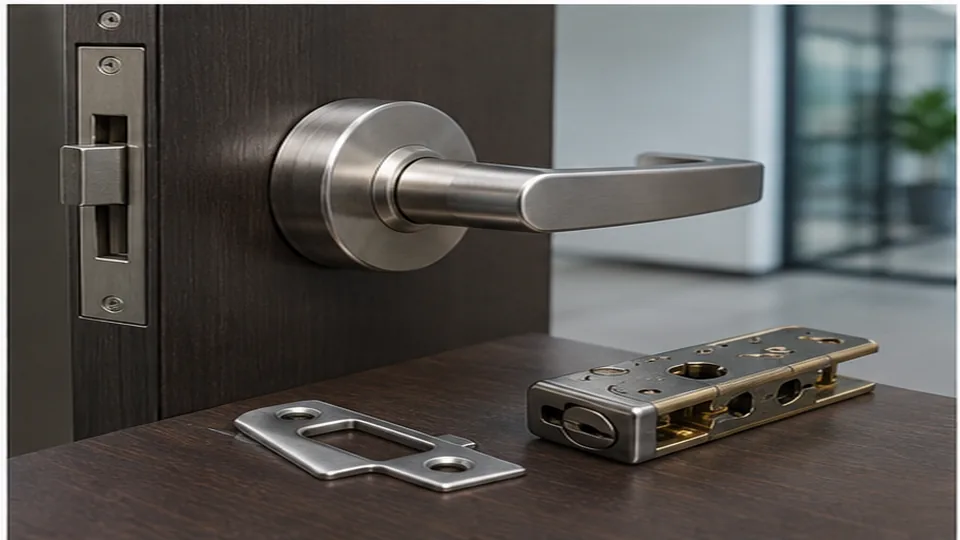 Editorial image of business door hardware and organized keys for commercial lock installation planning in Atherton