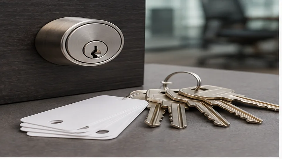 Editorial image of business door hardware and organized keys for commercial lock rekeying planning in Atherton
