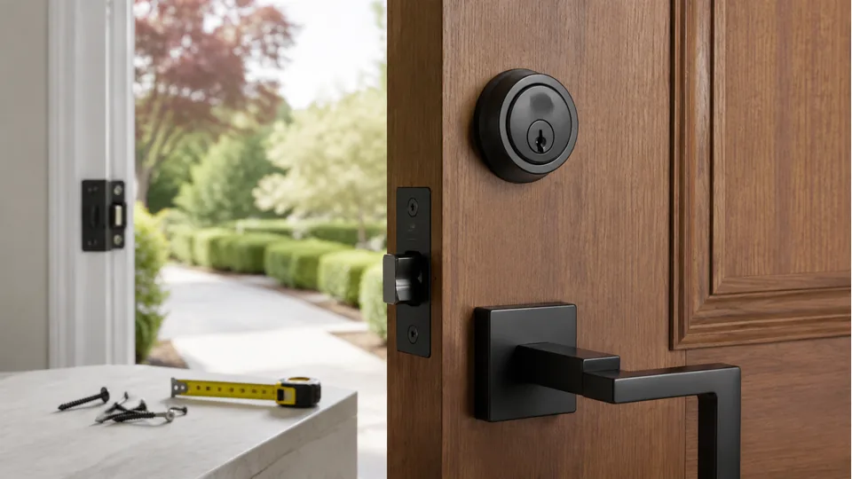 Editorial image of residential door lock hardware and keys for deadbolt installation planning in Atherton