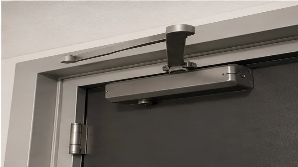 Editorial image of business door hardware and organized keys for door closer repair planning in Atherton