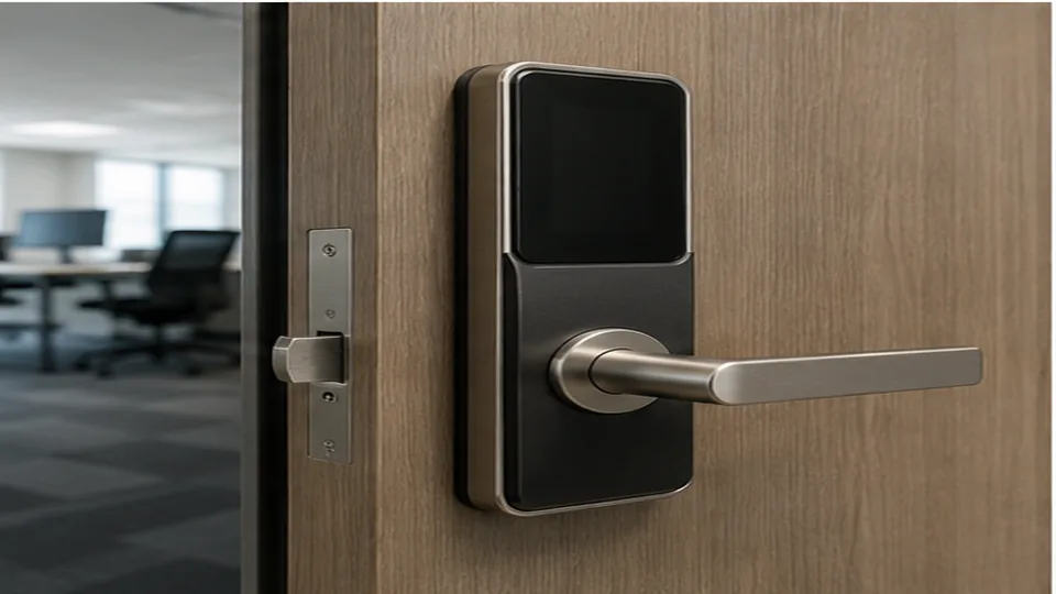 Editorial image of business door hardware and organized keys for electronic door locks planning in Atherton