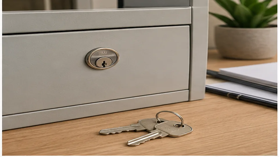 Editorial image of business door hardware and organized keys for file cabinet lock service planning in Atherton