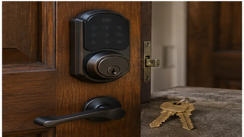 Editorial image of residential door lock hardware and keys for keypad lock installation planning in Atherton