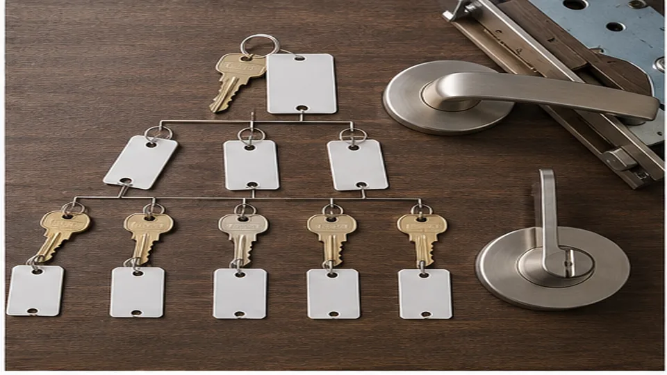 Editorial image of business door hardware and organized keys for master key systems planning in Atherton