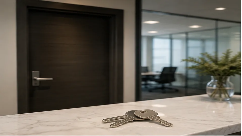 Editorial image of business door hardware and organized keys for office lockout service planning in Atherton