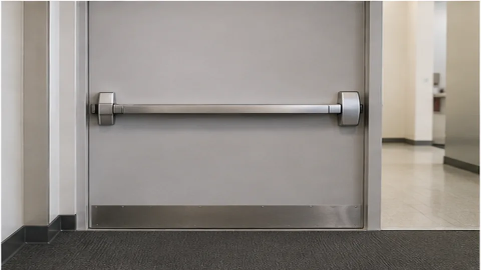 Editorial image of business door hardware and organized keys for panic bar repair and installation planning in Atherton