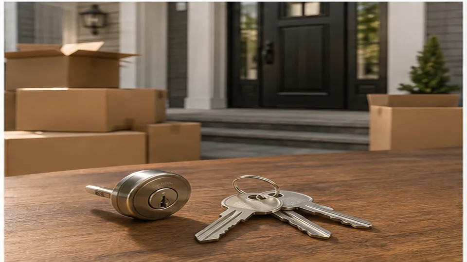 Editorial image of residential door lock hardware and keys for rekeying after moving planning in Atherton