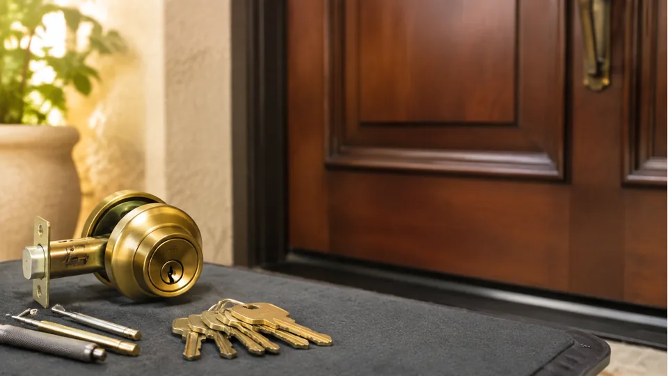 Editorial image of residential door lock hardware and keys for residential lock rekeying planning in Atherton