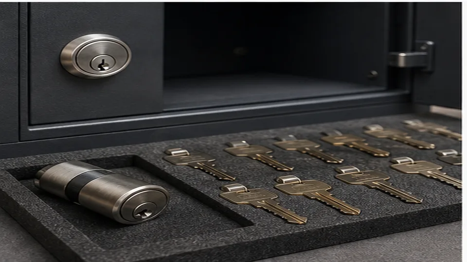 Editorial image of business door hardware and organized keys for restricted key systems planning in Atherton