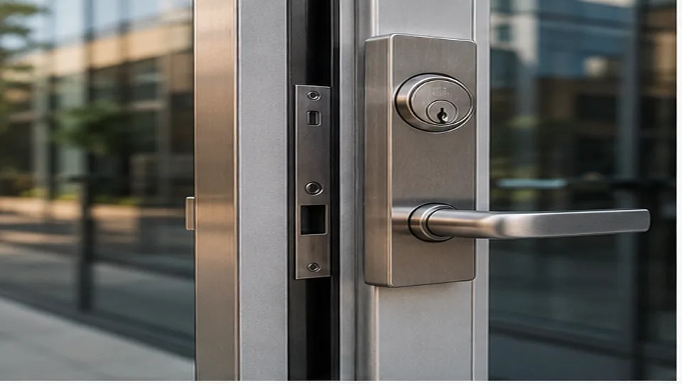 Editorial image of business door hardware and organized keys for storefront door locks planning in Atherton